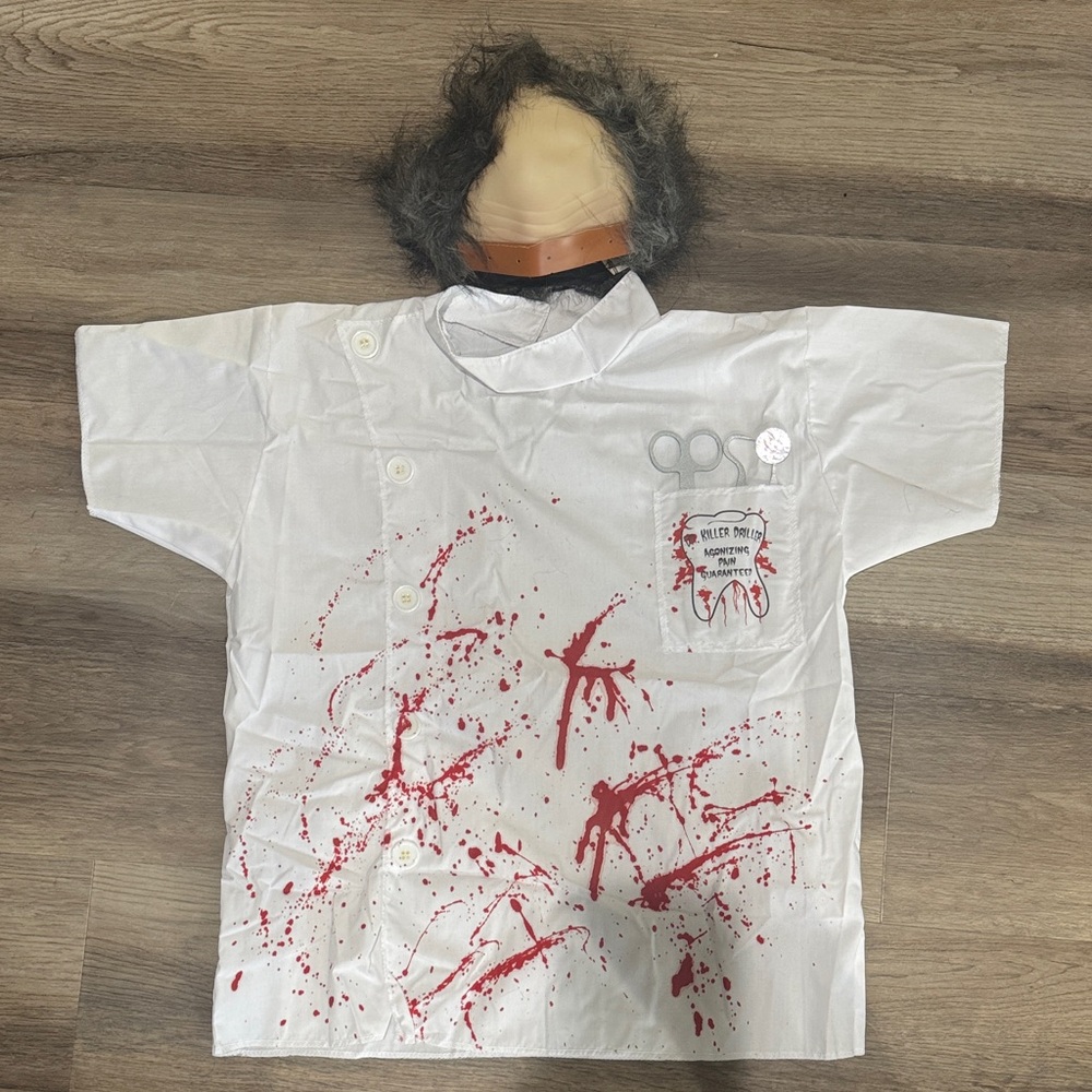 Killer dentist Halloween costume shirt & wig